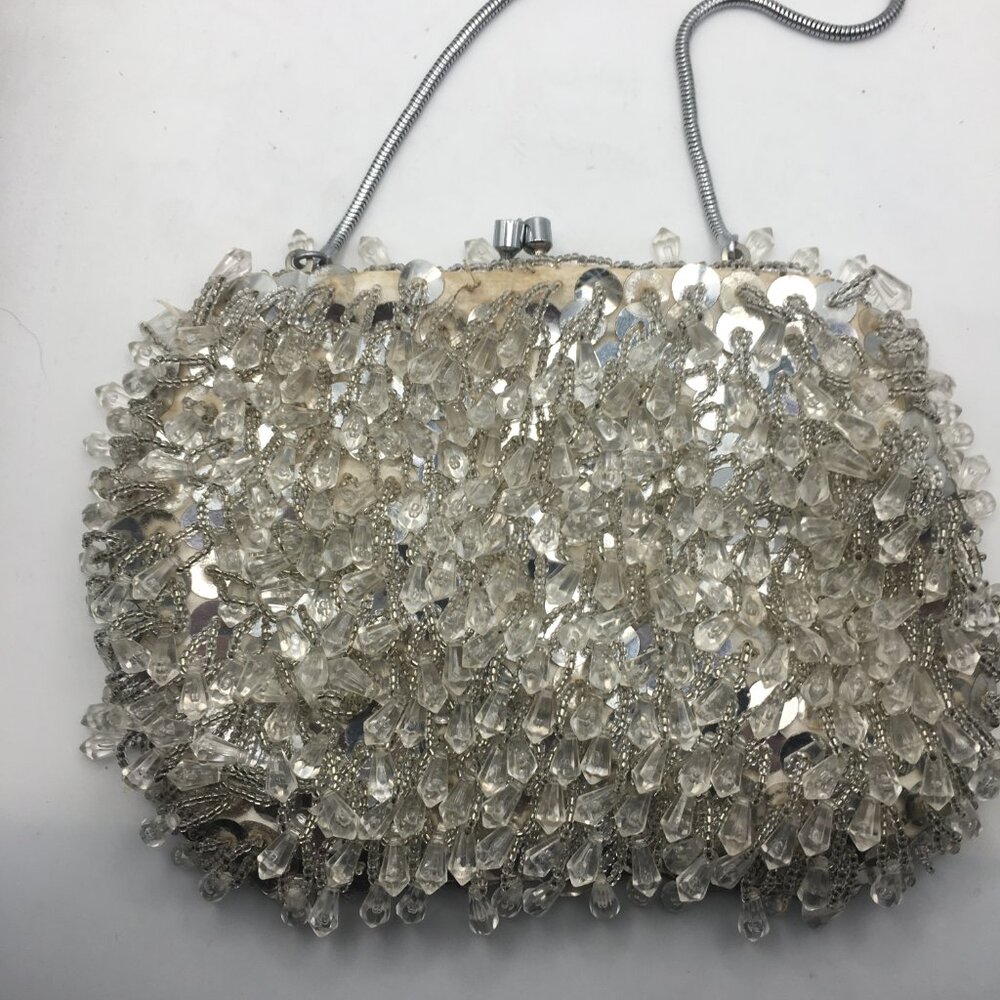Vintage Beaded Sequin Clutch Evening Bag Wedding Snap White Made Hong Kong Purse